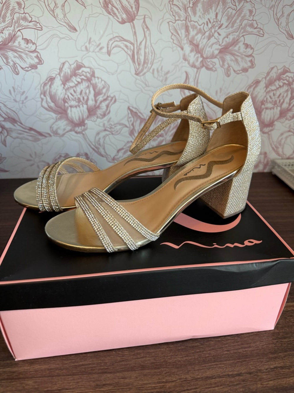 Nina Gold Rhinestone T-Strap Block Heel Sandals